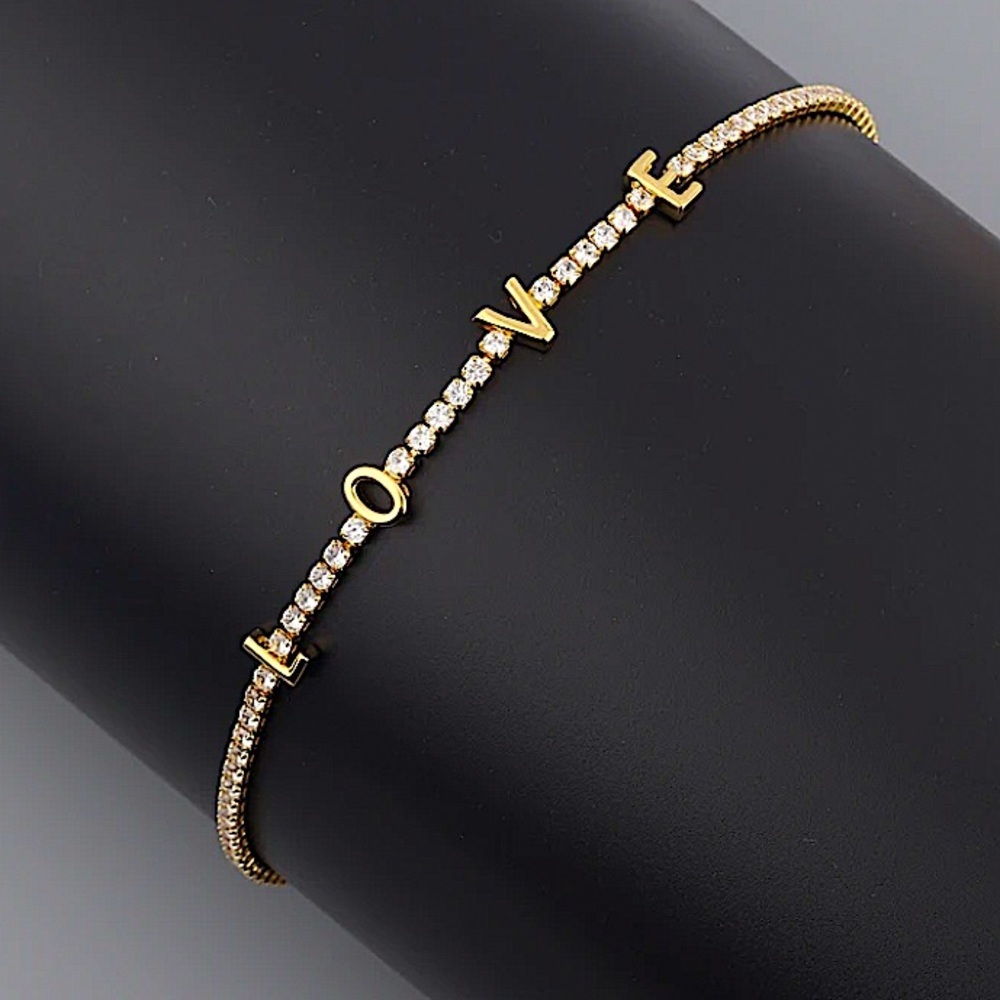 Gold  Letter Cubic Zircon Pave Tennis Minimalist Bracelet